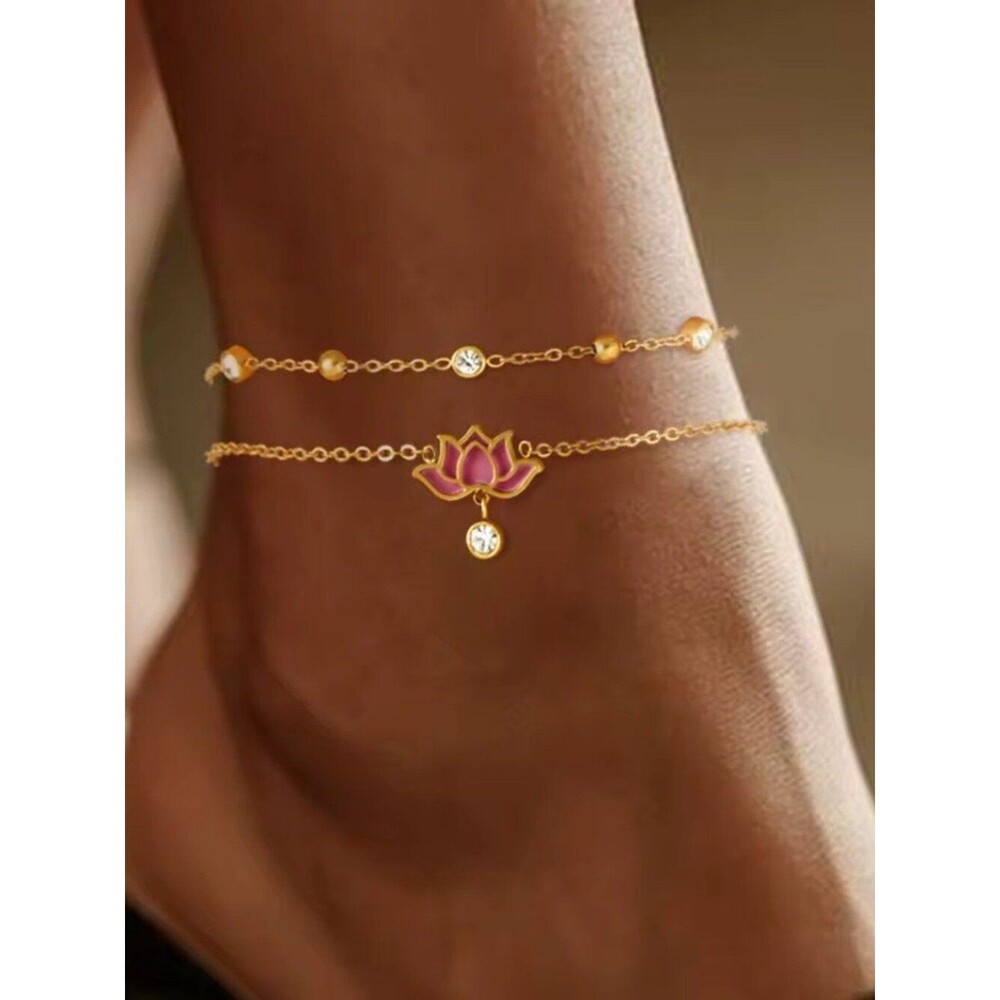Gold Lotus Anklet with Pink Enamel & Crystals - Stainless Steel